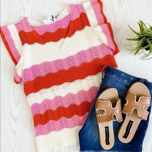 THML Pink Red Cream Stripe Knit Top